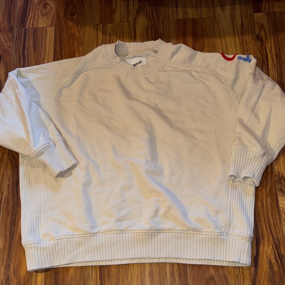 aerie Off-White Crewneck Sweatshirt with Shoulder Embroidery